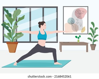 A woman doing yoga in the evening after work at her home. healthy fitness concept vector illustration