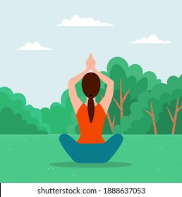 Woman doing yoga exercise back view. Young fit girl sitting in lotus position on the grass in city park. Female character taking care of her health, leads a healthy lifestyle doing relaxation exercise