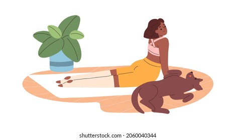 Woman doing yoga exercise, Cobra Pose, with cute dog at home. Happy person practicing stretching workout with pet, training on mat indoors. Flat vector illustration isolated on white background