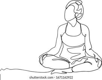Woman doing yoga exercise continuous one line vector illustration minimalism style. Continuous line drawing. Woman doing exercise yoga lotus Pose. Vector Illustration