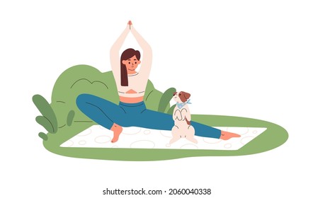 Woman Doing Yoga Exercise With Cute Dog Outdoors. Happy Person During Stretching Workout With Pet In Nature. Young Female Training Outside. Flat Vector Illustration Isolated On White Background