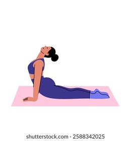 Woman doing yoga exercise. Flat-style illustration of a woman practicing Bhujangasana (Cobra Pose) on a yoga mat. Ideal for fitness blogs, wellness apps, meditation guides, and yoga class promotions.