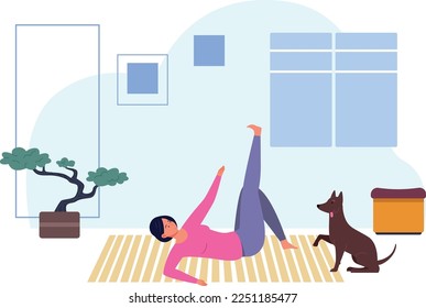 Woman doing yoga exercise at home. Workout in room interior. Vector illustration