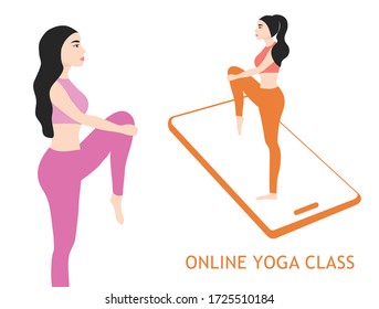 ็Healthy woman doing yoga exercise with instructor from mobile online classes vector illustration