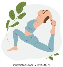 A woman doing yoga exercise and meditating. Trendy girl relaxing and stretching on a nature background. Flat vector illustration.