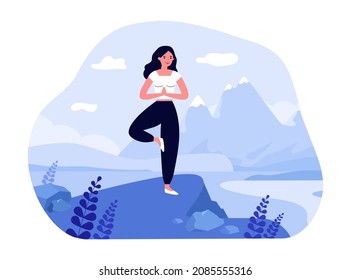 Woman doing yoga exercise in nature. Lady standing in tree calm pose in mountains flat vector illustration. Holistic therapy, zen, harmony concept for banner, website design or landing web page