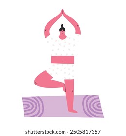 Woman doing yoga exercise on mat, cartoon flat vector illustration isolated on white background. Cute hand drawn character. Concepts of meditation, pilates, sports and healthy lifestyle.