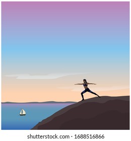 Woman doing yoga exercises by the sea. Yoga poses vector illustration.