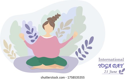 Woman doing yoga exercises. The concept of a healthy lifestyle and sport. Vector illustration of June 21 International Yoga Day.