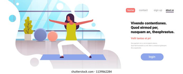 woman doing yoga exercises gym interior female cartoon character fitness activities full length flat copy space banner vector illustration