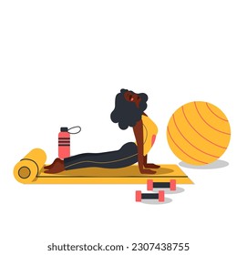 woman doing yoga exercises. Happy person practicing stretching workout, training on mat indoors. Fashion illustration by femininity, beauty, and mental health. Feminine cartoon illust svg
