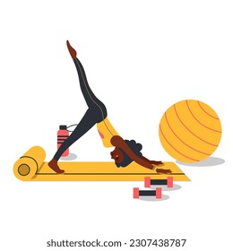 woman doing yoga exercises. Happy person practicing stretching workout, training on mat indoors. Fashion illustration by femininity, beauty, and mental health. Feminine cartoon illust
