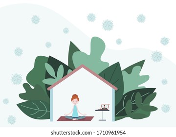 Woman doing yoga exercises at home on Quarantine. Coronavirus CoV and virus infection outdoor. Stay at home, Stop COVID-19, 2019-nCoV Novel Corona virus. Vector