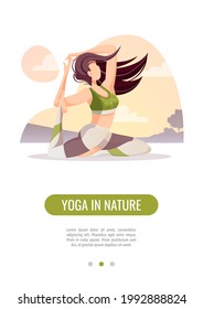 Woman doing yoga exercises. Yoga in nature, wellness, healthy lifestyle, sport, asanas, flexibility, fitness concept. A4 vector illustration for poster, banner, flyer, promo.