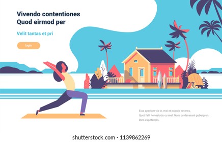 woman doing yoga exercises over beach villa house tropical island female cartoon character fitness activities full length flat copy space horizontal vector illustration