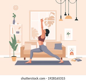 Woman doing yoga exercises, practicing meditation and stretching on the mat. Girl character in yoga studio or home interior. Trendy flat or cartoon vector illustration.