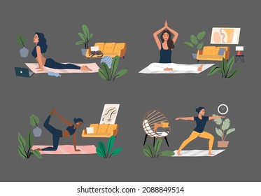 Woman doing yoga exercises and practicing meditation vector. Female character in home interior