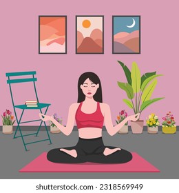 Woman doing yoga exercises. Practicing meditation on the mat. Female character practicing yoga at home vector illustration.