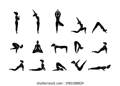 Woman doing yoga exercises, set. Vector female character in different asanas and poses isolated on a white background. 