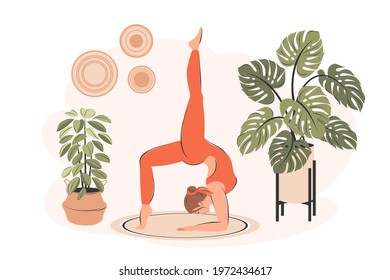 Woman doing yoga exercises, stretching on the mat and practicing meditation. Female character practicing in yoga studio or home. Flat vector illustration.