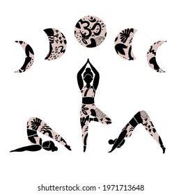 Woman are doing yoga exercises. Vector illustration with a female character in different asanas and the moon in different phases isolated on a white background.