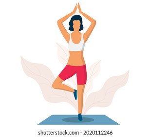 Woman doing yoga exerice, flat vector illustration. Tree yoga pose or vrksasana. Fitness gym, healthy lifestyle.