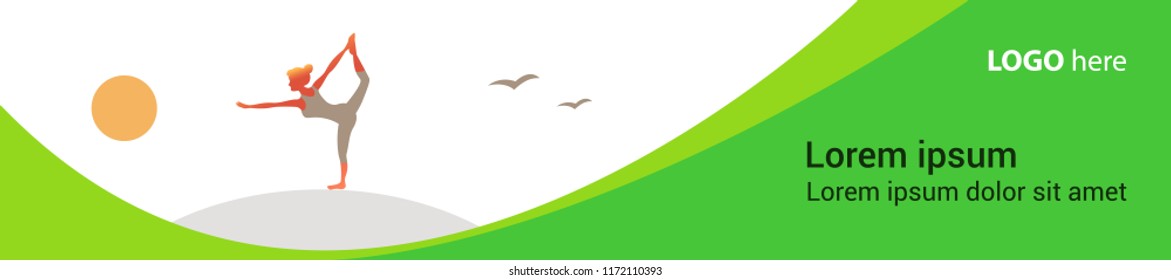 Woman doing yoga for fitness body and health care in the morning. Asana illustration with sun and birds.