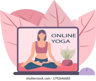 woman doing yoga fitness exercises on laptop screen. Meditation Online Training With Trainer Vector.Beautiful woman doing yoga at home from online class yoga vector illustration. Online learning