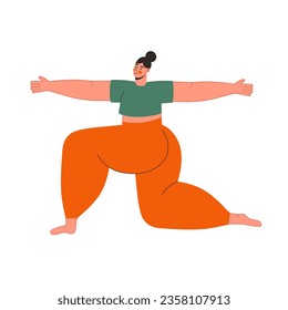 Woman doing yoga and fitness exercises vector flat illustration. Sport exercise at home .
