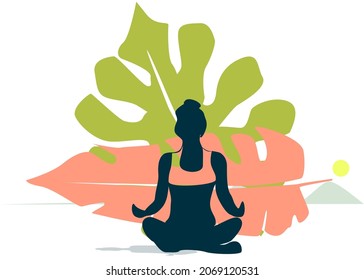 woman doing yoga fitness with lotus movement and big leaves behind her concept logo emblem design concept. calm relax meditation spa woman female silhouette background