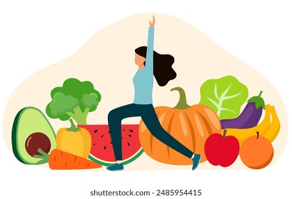 Woman doing yoga fitness training exercise with fruits and vegetables. Healthy lifestyle.