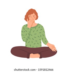 Woman doing yoga flat vector illustration. Young girl in cross-legged pose practicing breathing technique cartoon character. Woman focused on pranayama exercise. Spiritual enlightenment concept.