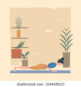 Woman doing yoga four limbed staff pose or Chaturanga Dandasana. Can be used for poster, banner, flyer, postcard, website. Warm-up, stretching.