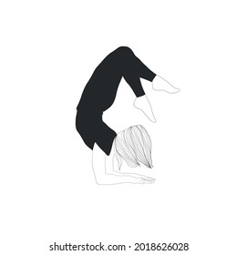 Woman doing yoga. Girl practices  asana pose. Meditative mental health.  Vector design flat character isolated on white background. Peaceful and positive lifestyle. Hand drawn art. 