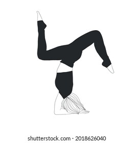 Woman doing yoga. Girl practices  asana pose. Meditative mental health.  Vector design flat character isolated on white background. Peaceful and positive lifestyle. Hand drawn art. 