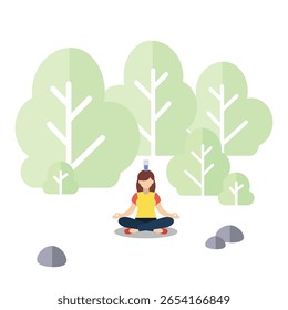 A woman doing yoga with a glass on her head for balance. A woman meditating with trees in the background. A relaxing movement for the body and mind. Sitting yoga