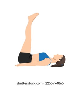 Woman doing Yoga in half plough pose vector. Girl lying on the floor and lifting two legs up in the air. Flat vector illustration isolated on white background