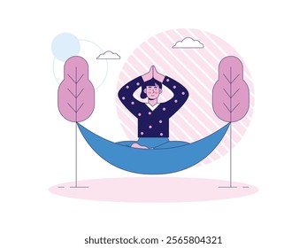 Woman doing yoga in hammock, refreshing in nature. Character design. Vector flat illustration