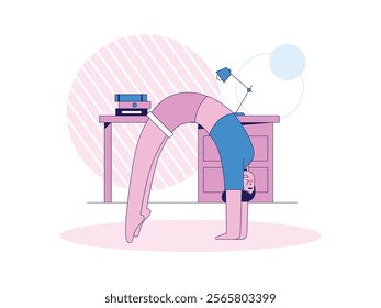 Woman doing yoga hard in room. Flexible body. Character design. Vector flat illustration