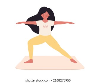 Woman doing yoga. Healthy lifestyle, self care, yoga, meditation, mental wellbeing. Hand drawn vector illustration 