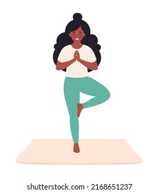 Woman doing yoga. Healthy lifestyle, self care, yoga, meditation, mental wellbeing. Hand drawn vector illustration 
