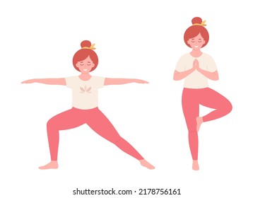 Woman Doing Yoga. Healthy Lifestyle, Self Care, Yoga, Meditation, Mental Wellbeing. Hand Drawn Vector Illustration 