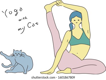 A woman doing yoga with her cat.  Editable vector illustration.