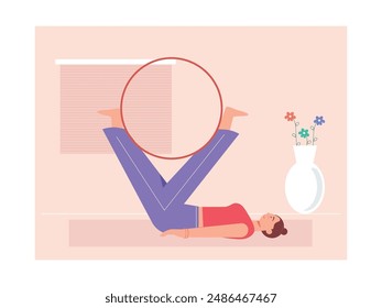 Woman doing yoga at home to calm the body, enjoying exercise. Character design. Vector flat illustration