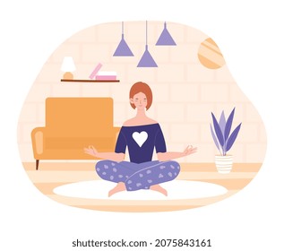 Woman doing yoga in home. Character in lotus position, meditation, stretching, asana. Comfort, coziness, fitness, playing sports active lifestyle, tranquility. Cartoon flat vector illustration