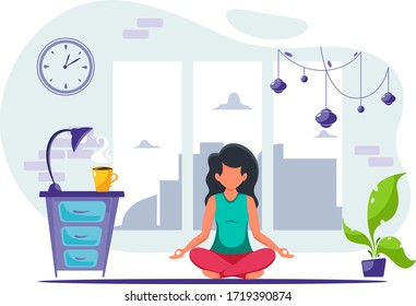 Woman doing yoga at home. Concept illustration for healthy lifestyle, yoga, meditation. Vector illustration in a flat style