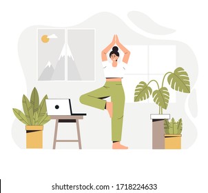 Woman  doing yoga at home in cozy modern interior. Healthy lifestyle and wellness concept. Flat style vector illustration. 