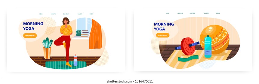 Woman doing yoga at home. Exercise tools. Fitness and healthy lifestyle concept illustration. Vector web site design template. Woman poses in vrikshasana yoga position