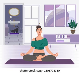 woman doing yoga at home. Flat vector illustration