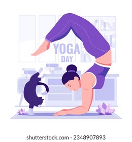 Woman doing yoga at home flat illustration